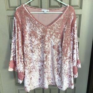 Westport 1962 Plus Sz2X Blouse V Neck Crushed Velvet Ice Pink Crochet Lace Boho